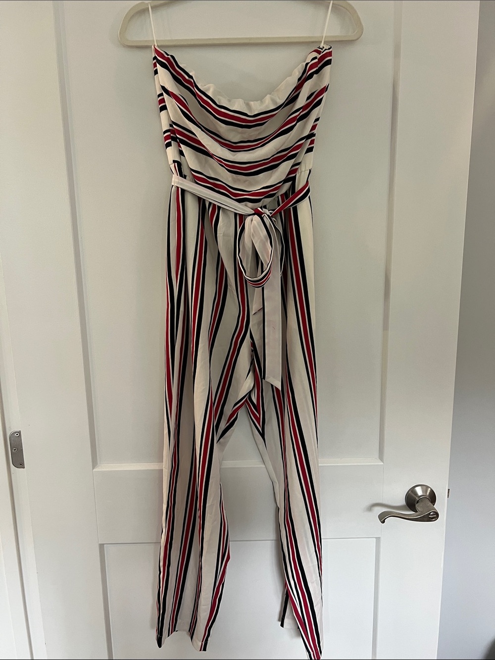 Striped Strapless Jumpsuit in White, Black & Red